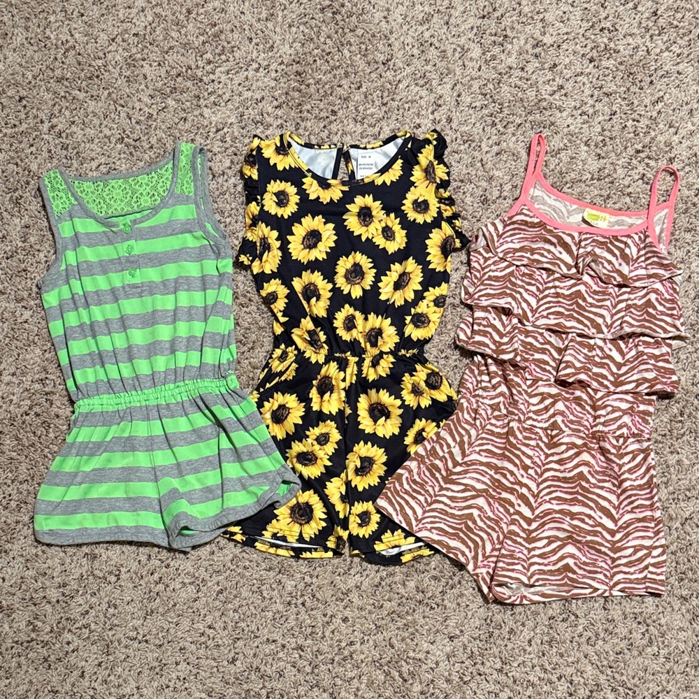 Girls size 7/8 bundle of 3 rompers striped sunflower and animal print